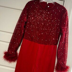 Red Jumpsuit with Sequins and Pearls Detail- Medium M - Sthcute